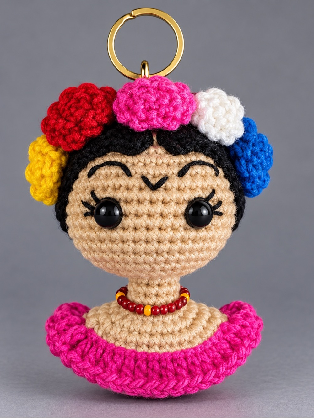 Handmade Crochet Doll Keychain with Bright Flower Crown - Pink & Multicolor